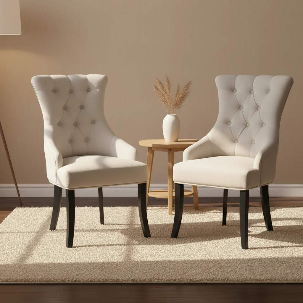 Beige Fabric Dining Chair Wing Chair with Tufted Buttons