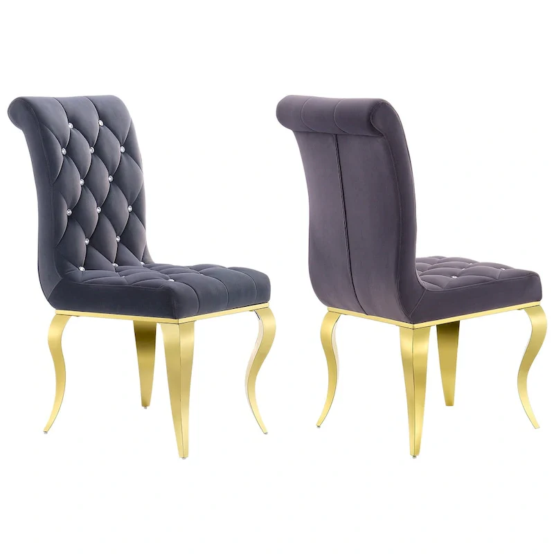 Grey Velvet Tufted Dining Chair with Gold Metal Legs, Set for 1
