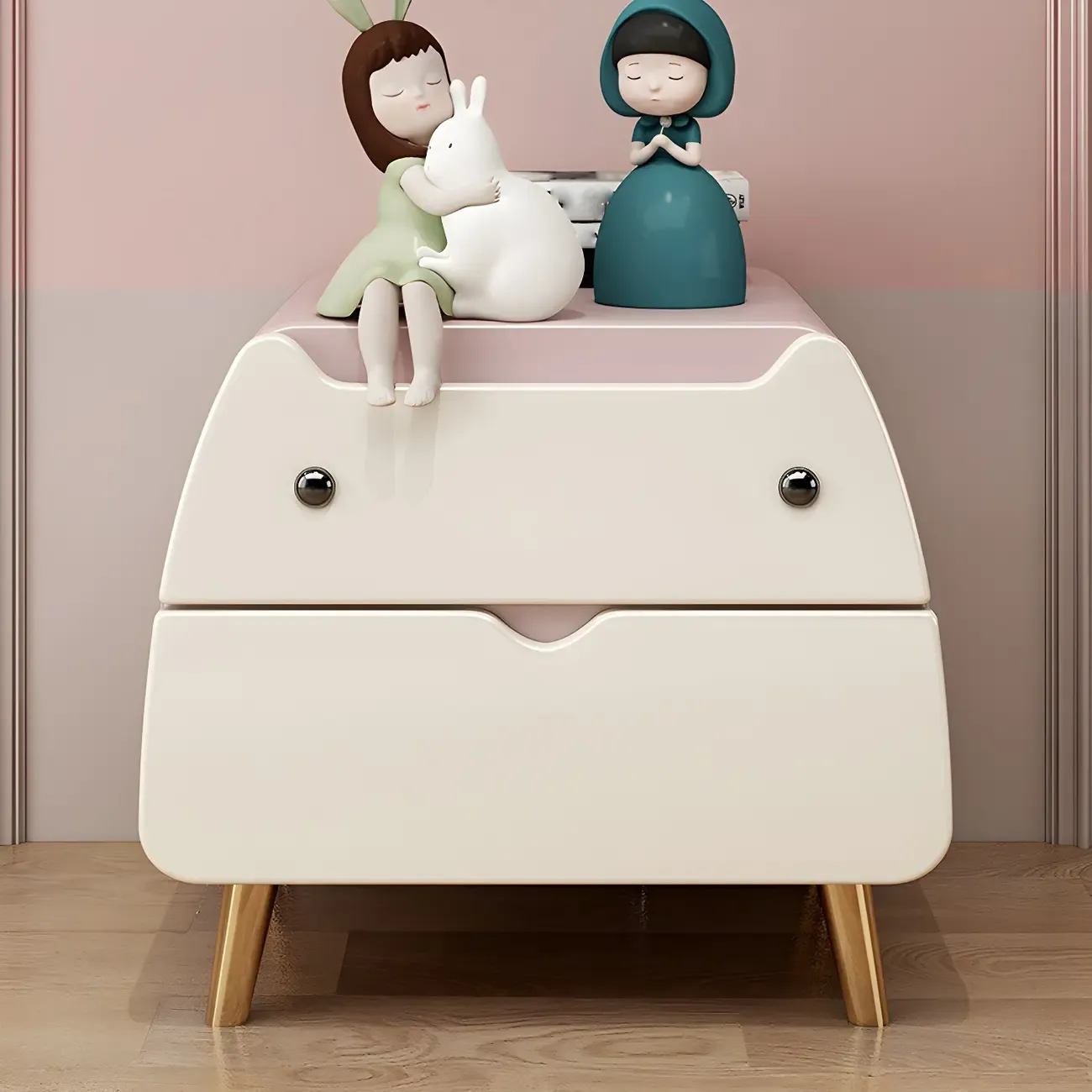 Pink Cute Cat Shape Scandinavian Nightstand with 2 Drawers