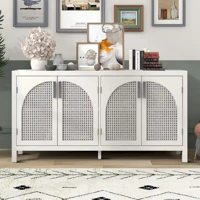 Sideboard with Rattan Doors - 2-Cabinet Storage Console (Gray/White/Black)