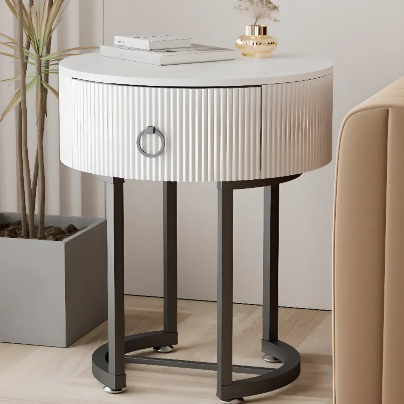 Modern Round Marble End Table with Storage and Metal Legs