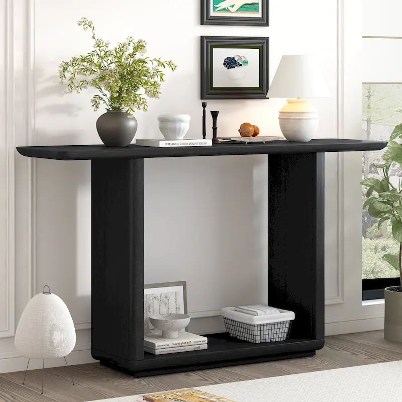 Black / Brown / Natural Console Table with U-Base, Curved Corners