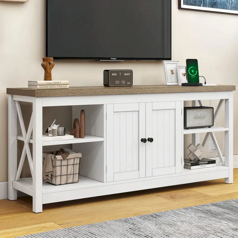 Dark Oak / White Farmhouse X-Shape TV Stand, 2-Door, 59