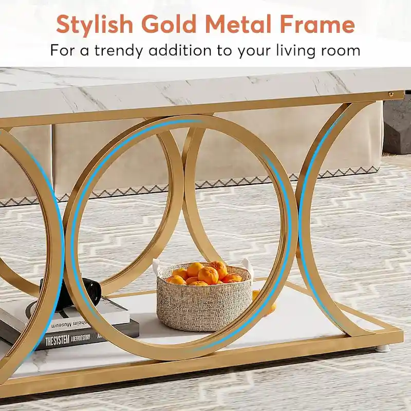 47.24-inch Rectangle Coffee Table, 2-Tier Modern Faux Marble Coffee Tables