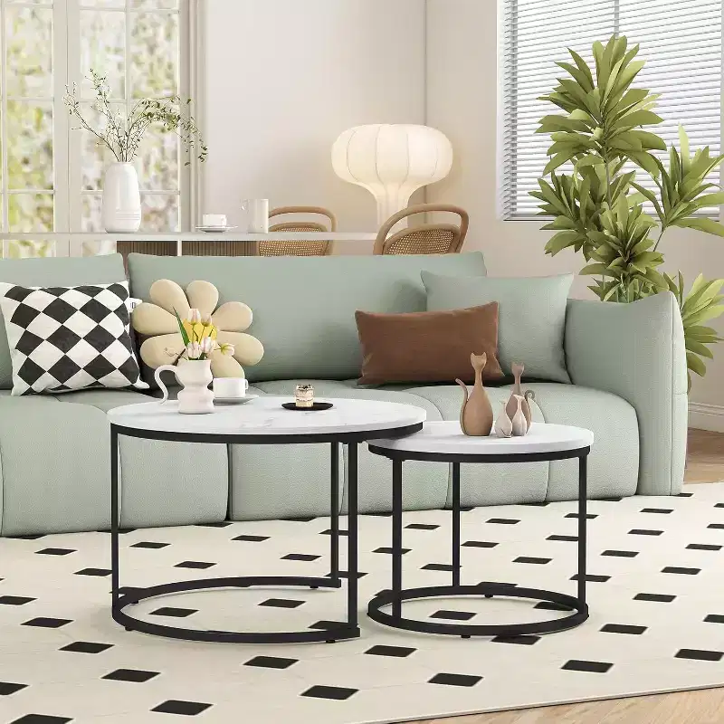 Zevemomo Nesting Coffee Table Set of 2, 27.6with Marble Pattern Top and Sturdy Metal Frame,Circle Table for Living Room, Bedroom,Patio,Yard (White)