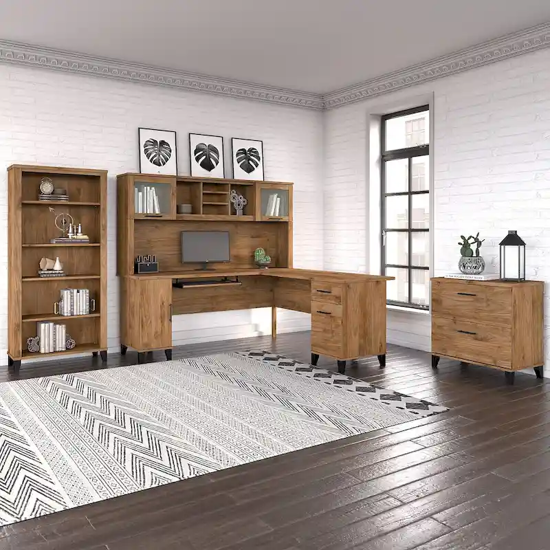 Somerset 72W L Shaped Desk with Hutch, Cabinet and Bookcase in Gray