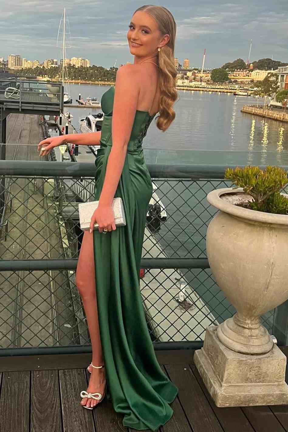 Mermaid Strapless Sweetheart Pleated High Slit Satin Long Prom Dress