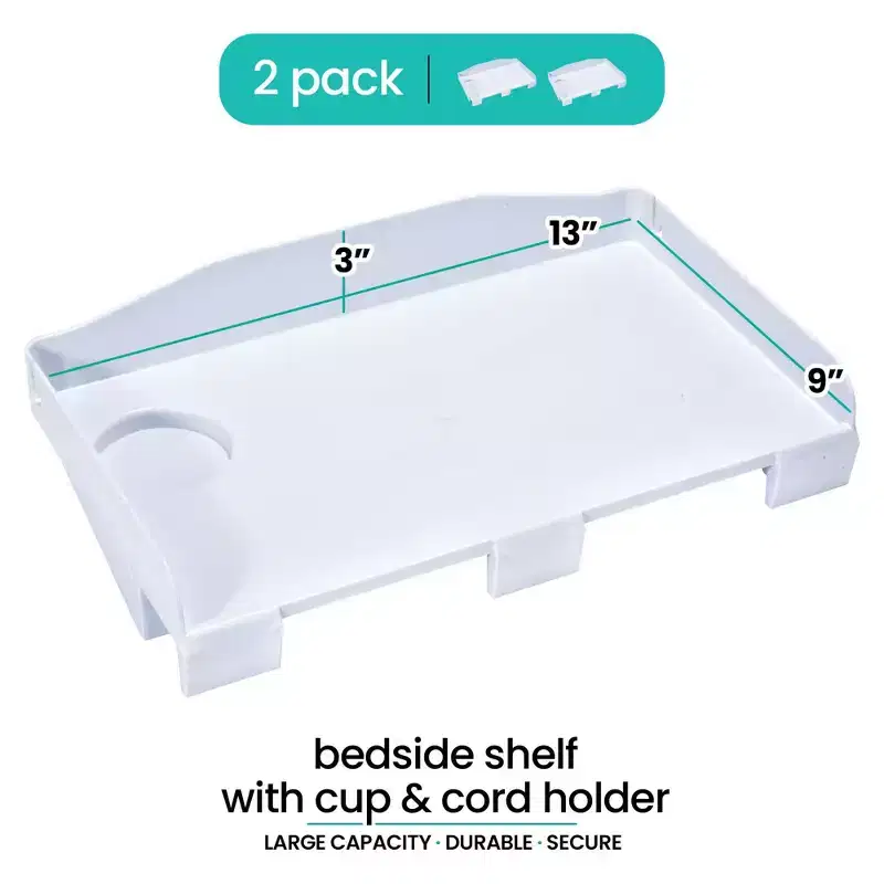 Modern Innovations 2 Count Bedside Organizer Clip On Tray with Cup and Cord Holder for College Dorm Top Bunk or Kids Bedroom White