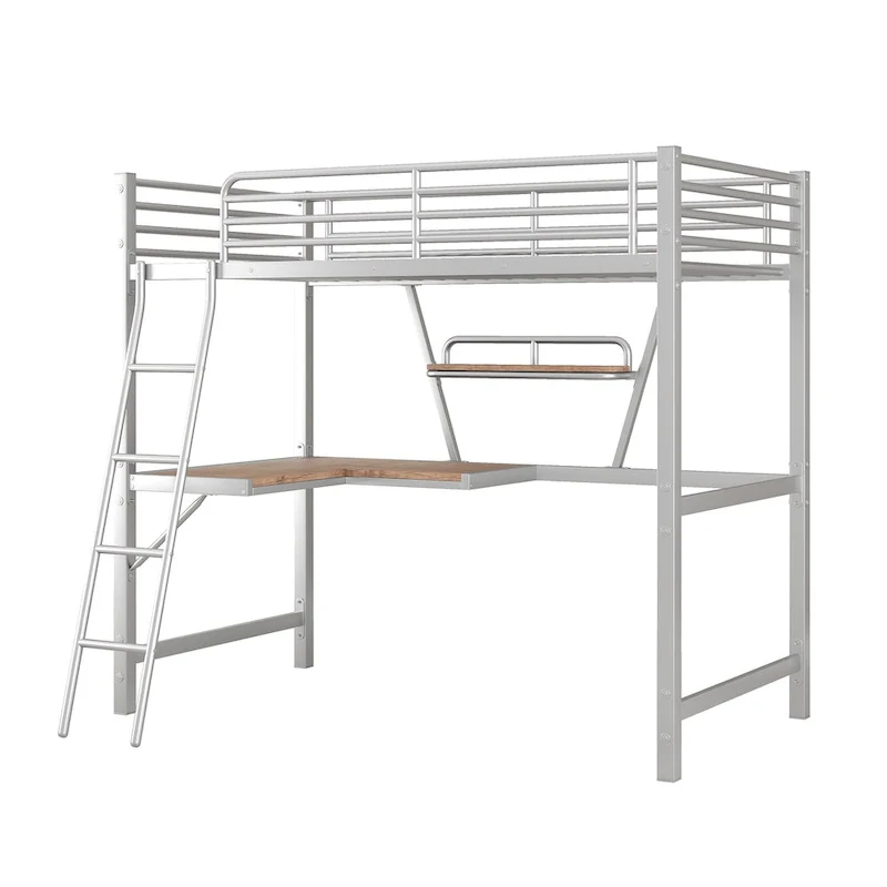 Twin Metal Loft Bed with Desk and Guardrail
