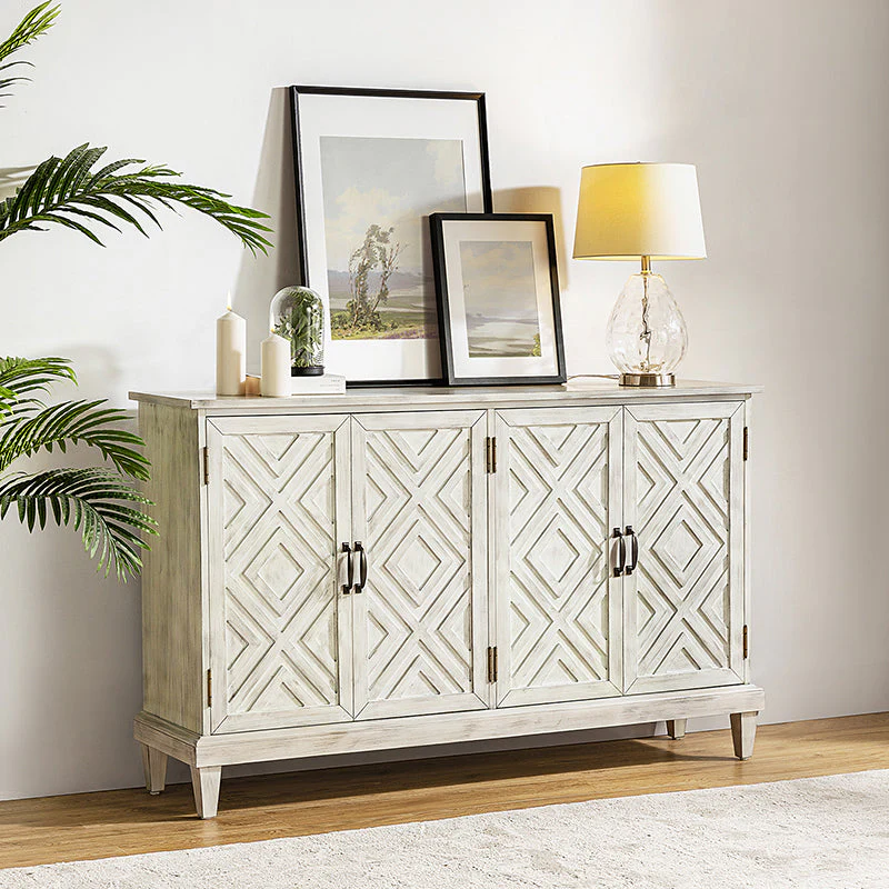 60 in Farmhouse Sideboard with Diamond-Pattern Doors, Bronze Handles & Tapered Legs | White | Single