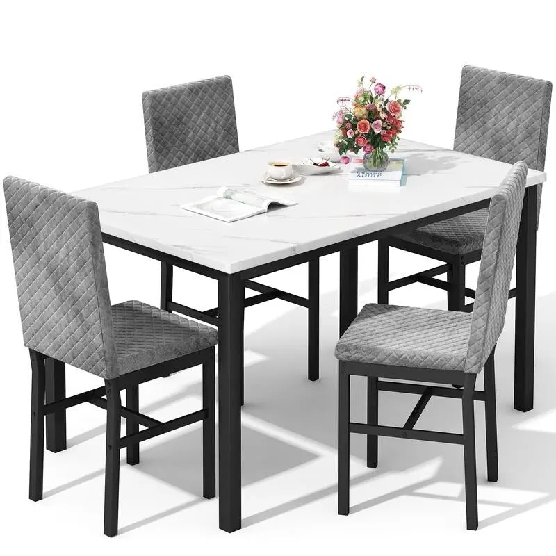Grondin 5-Piece Dining Room Table Set with Faux Marble Table Top and Diamond Stitching Velvet Upholstery Dining Chairs