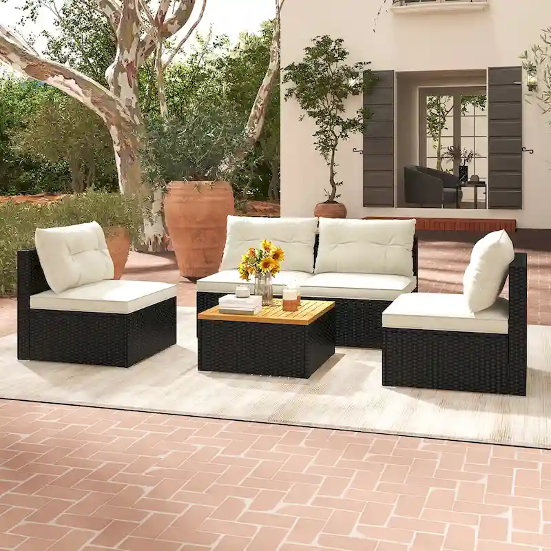 Gymax 5PCS Rattan Patio Conversation Sofa Set Outdoor Furniture Set w/