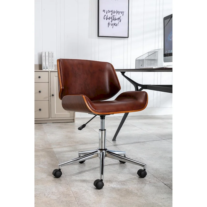 Black / White / Brown Mid-Century Faux Leather Swivel Office Chair with Adjustable Height & Casters