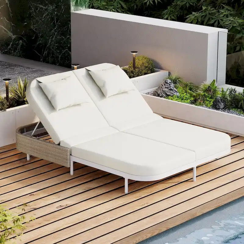 Outdoor Rattan Daybed with 5-Position Adjustable Backrest, Patio Double Chaise Lounge with Removable Cushions