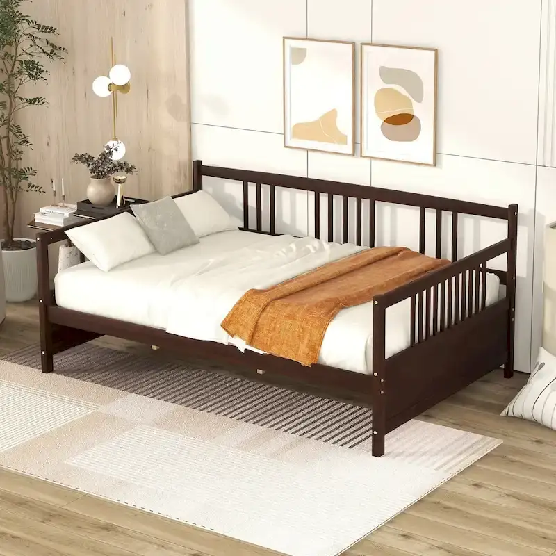 Full Size Solid Wood Daybed with Backrest & Armrests, Dual-Use Sofa Bed Frame
