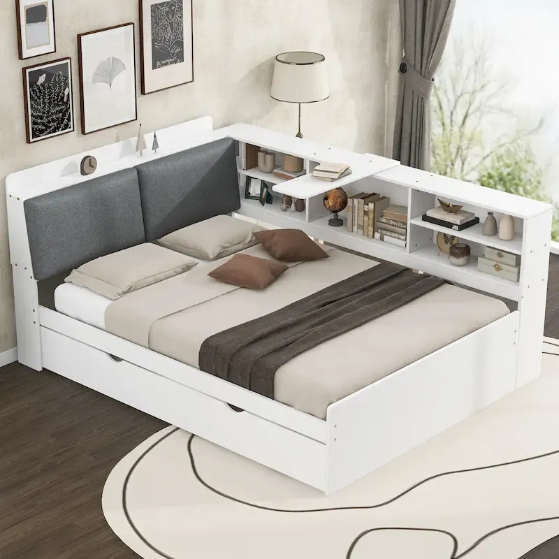 Wooden Storage Daybed Frame, Modern Platform Bed with Trundle & Upholstered Headboard & Shelves, No Box Spring Needed