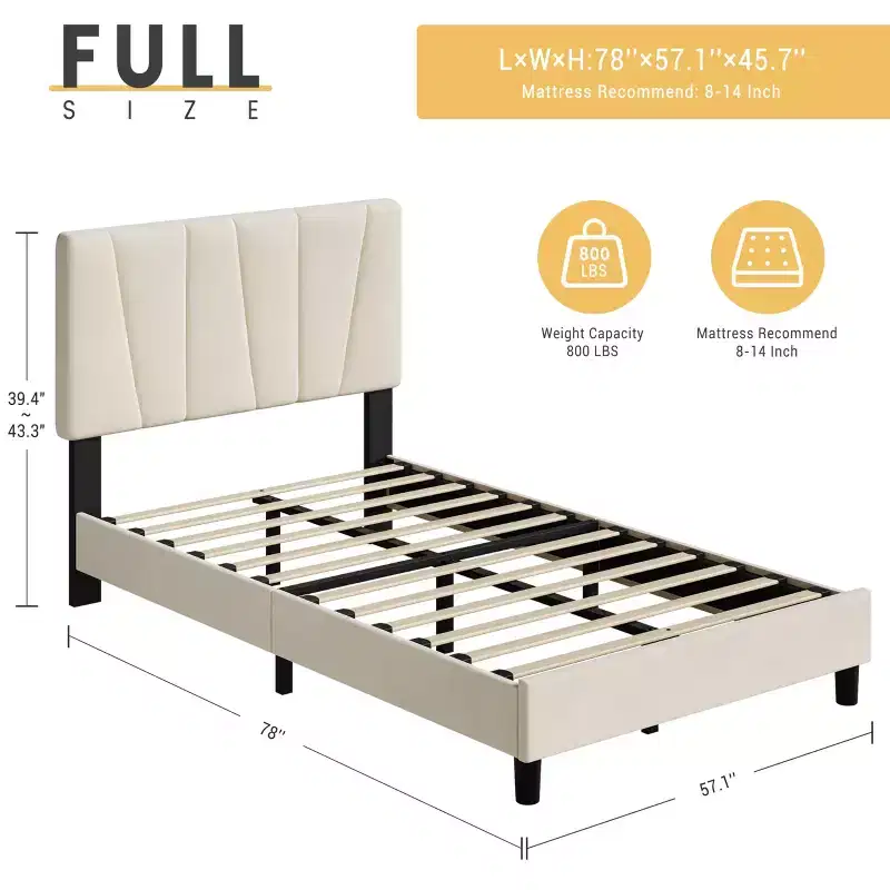 Twin Bed Frame with Headboard Adjustable, Velvet Upholstered Tufted Platform Bedframe No Box Spring Needed (Beige)