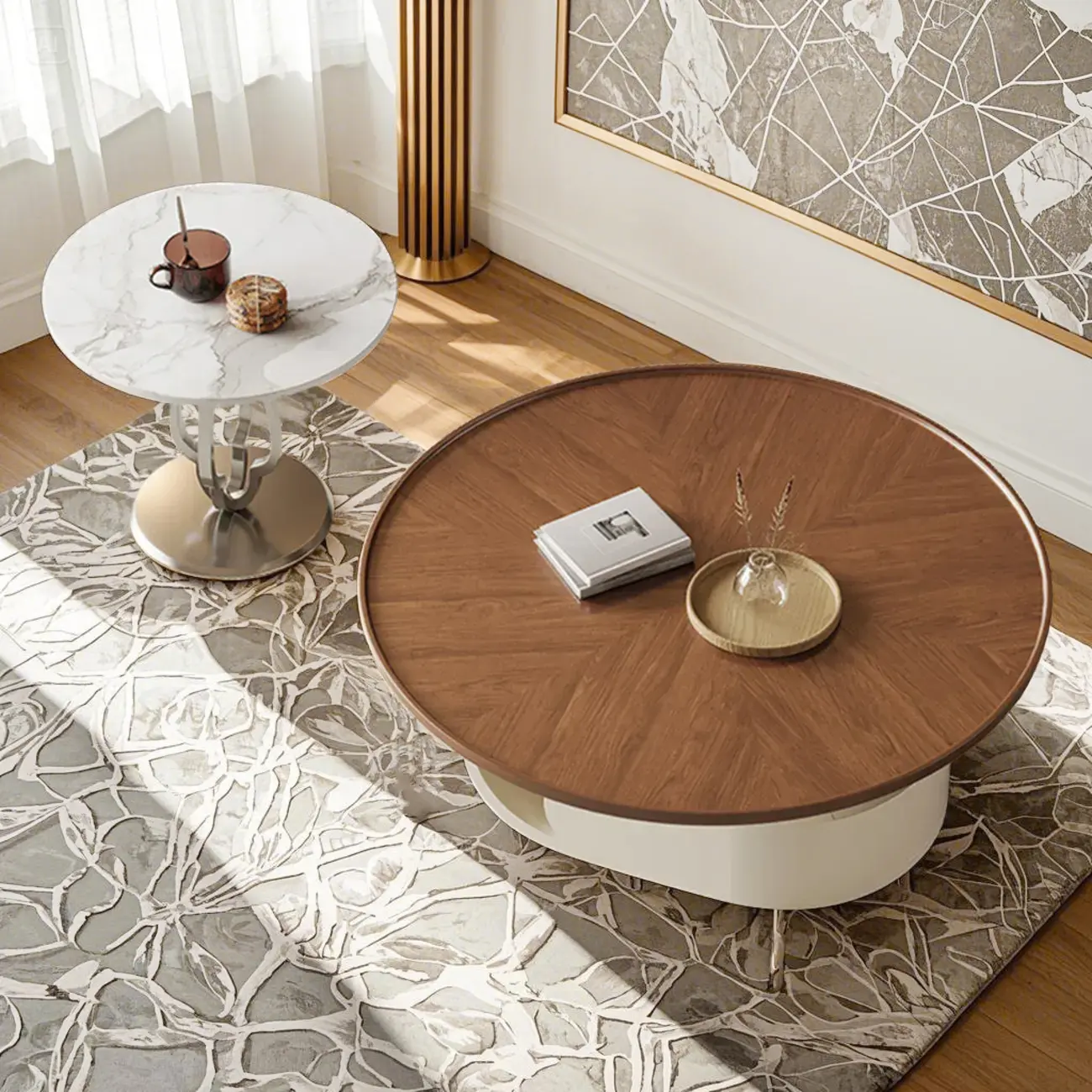 Metal Base Nesting Brown Wood Round Drawer Coffee Table