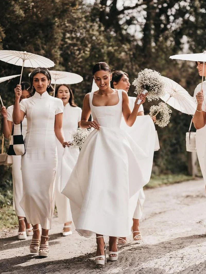 Simple A-Line Square Neck White Satin Wedding Dresses