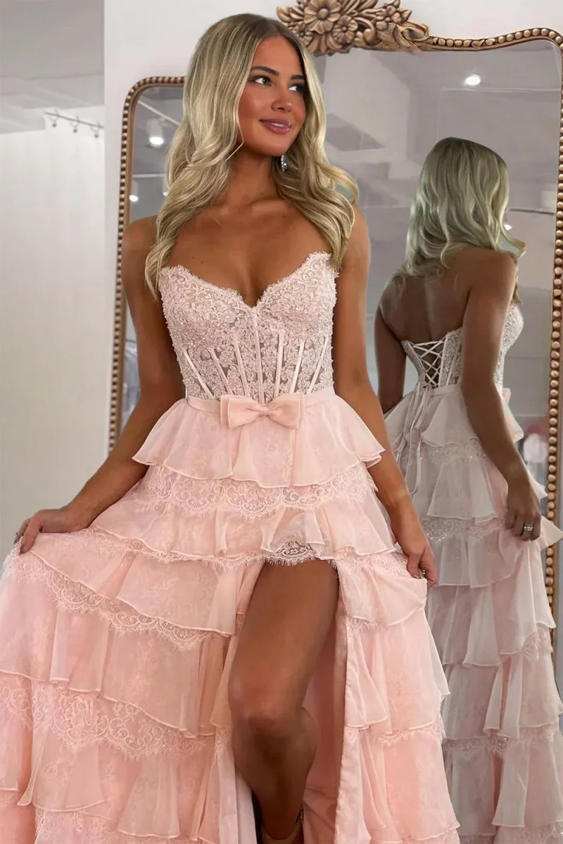 Pink - Strapless A Line Chiffon Tiered Prom Dresses With Bow