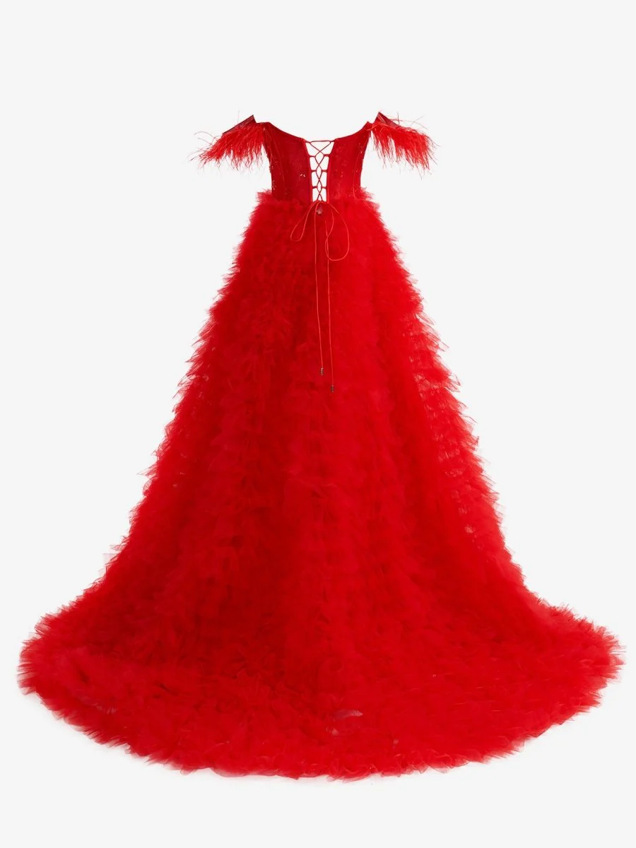 Red A Line Sweetheart Tiered Tulle Long Prom Dress With Slit