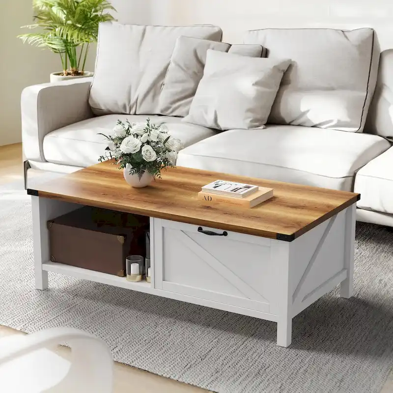 Moasis Farmhouse Coffee Table with Storage Cabinet and Open Shelf