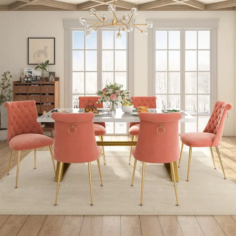 7-Piece Clihome Marble Dining Table with Velvet Chair Dining Chair