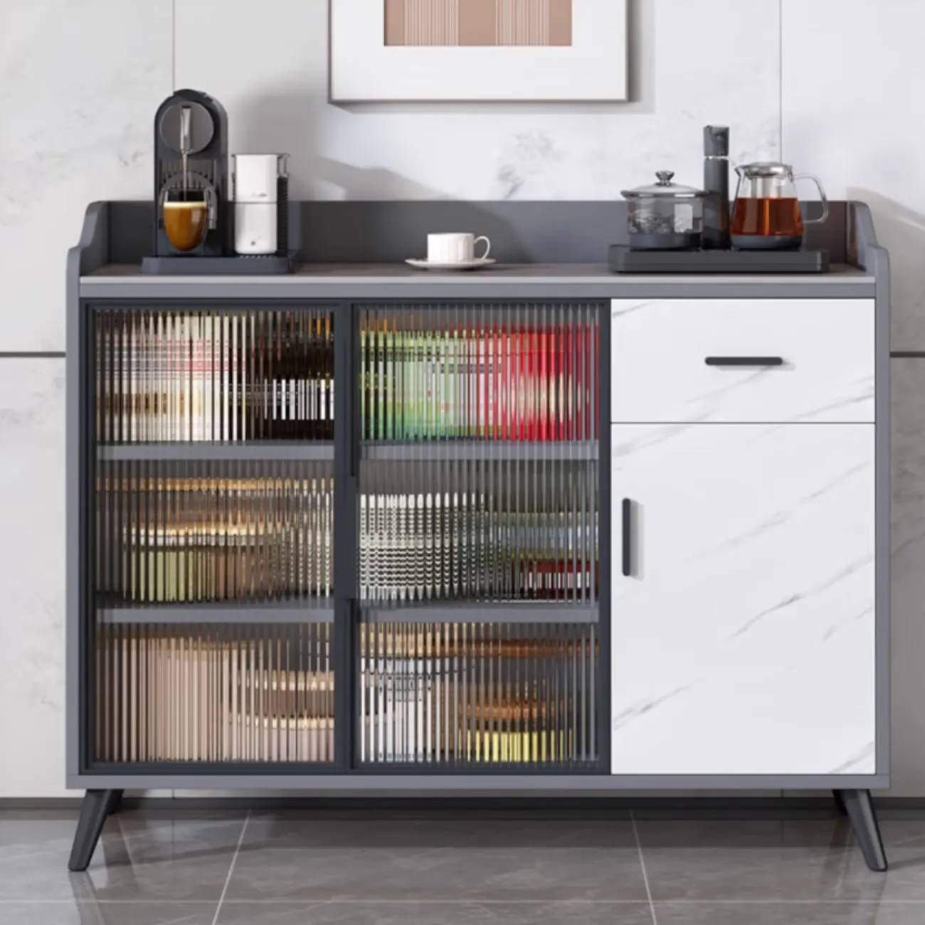 Modish Multi-Compartment Stone-Top Wood Buffet Cabinet