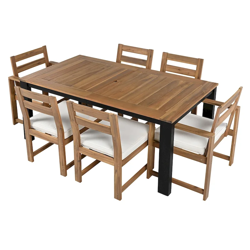 Outdoor Patio 7 Piece Rectangular Dining Table Set with 2 Armchairs, 4 Side Chairs, Parasol Hole, Removable Cushions