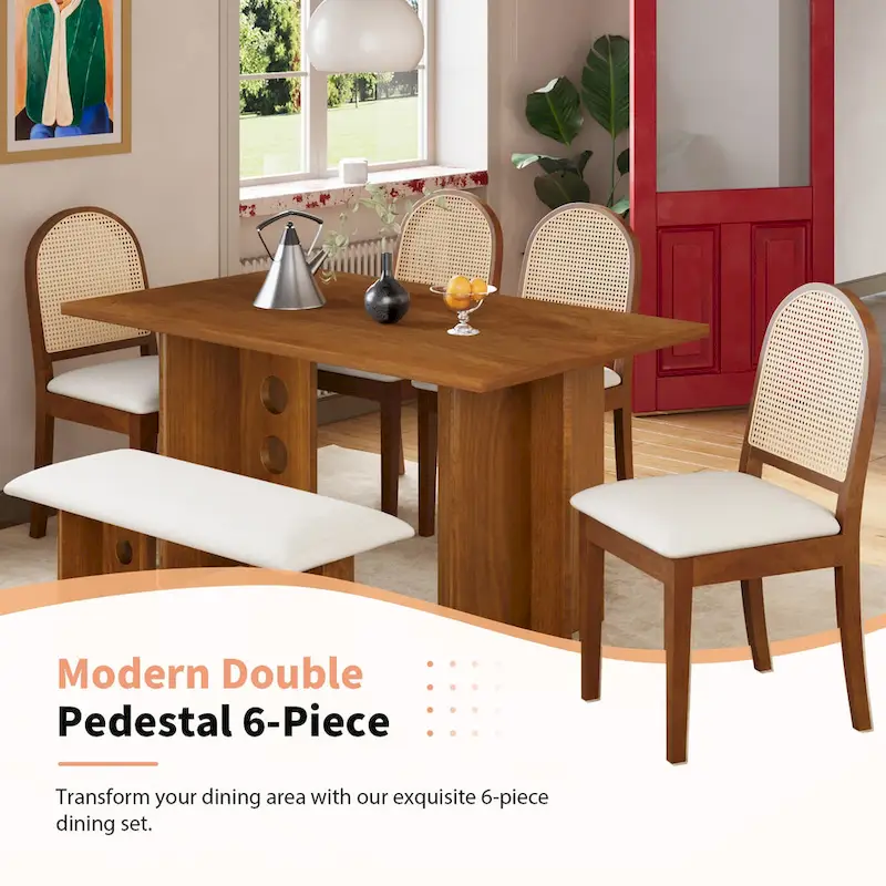 Modern Double Pedestal 6-Piece Dining Table Set with 4 Dining Chairs & 1 Bench