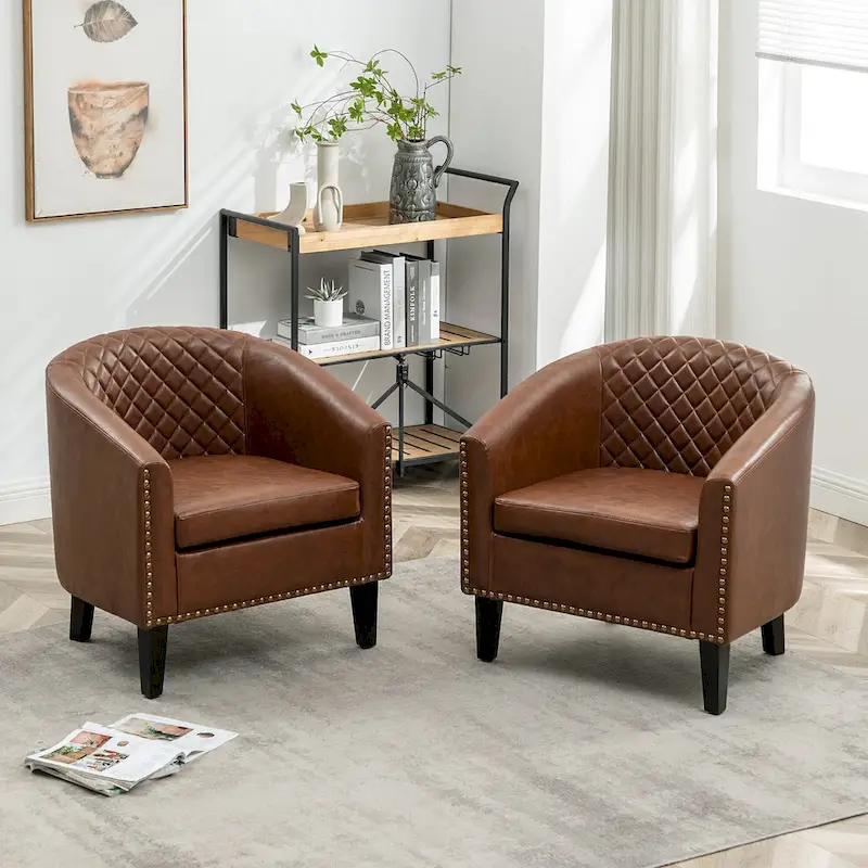 KINWELL 29  PU Faux Leather Club Armchair with Nailheads, Set of 2