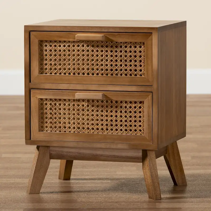 Natural Brown & Walnut Brown Paulownia Wood End Table with Woven Rattan Drawers & Angled Legs – Mid-Century Style