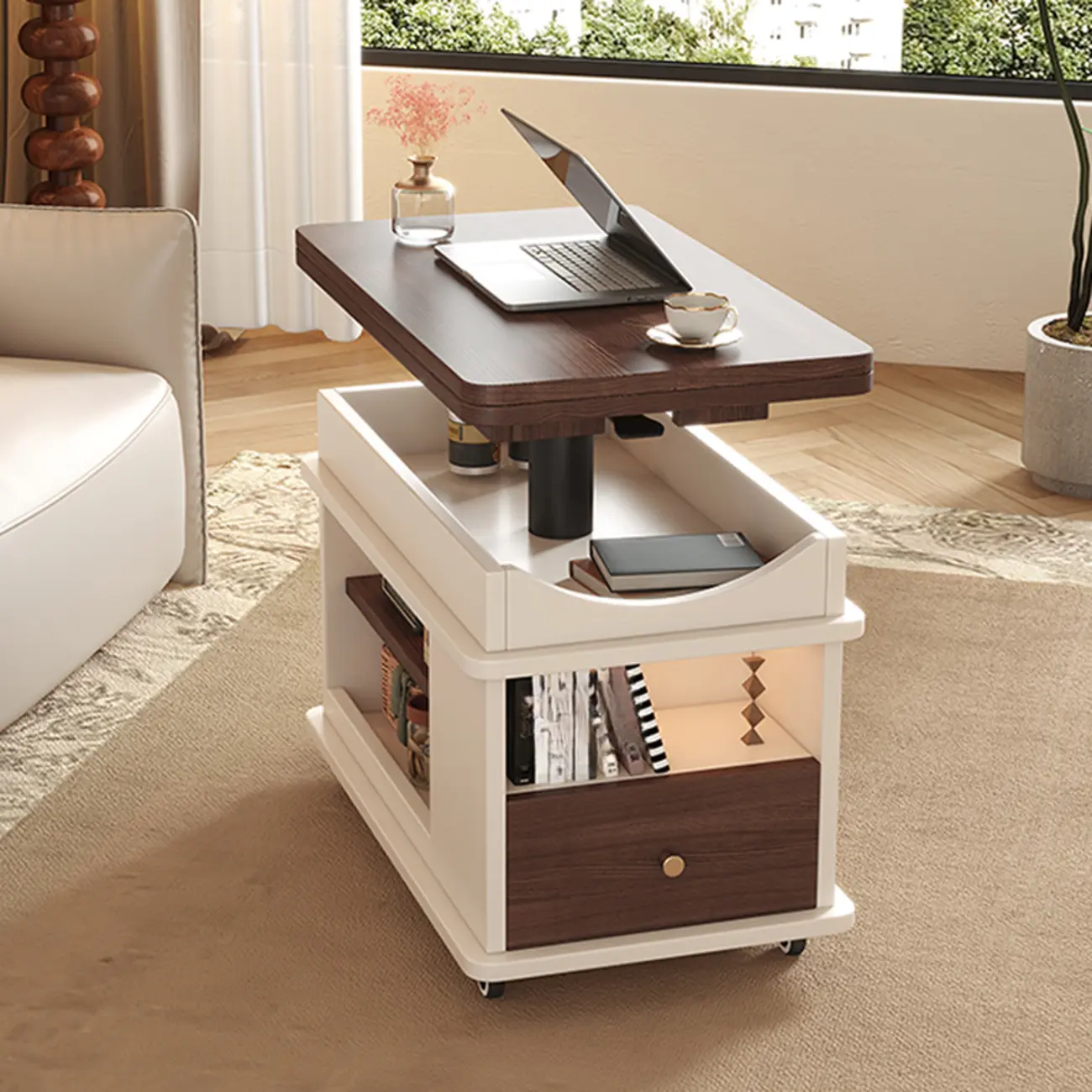 Rectangle Foldable Lift Top Wood Metal Side Table with Wheels