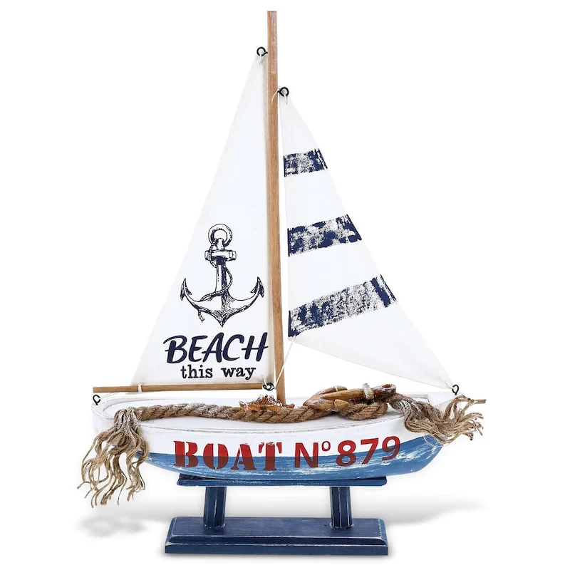 CoTa Global Ocean Blue Sailboat Decor - Large Handmade Wooden Boat - 16Lx11Wx3.5H
