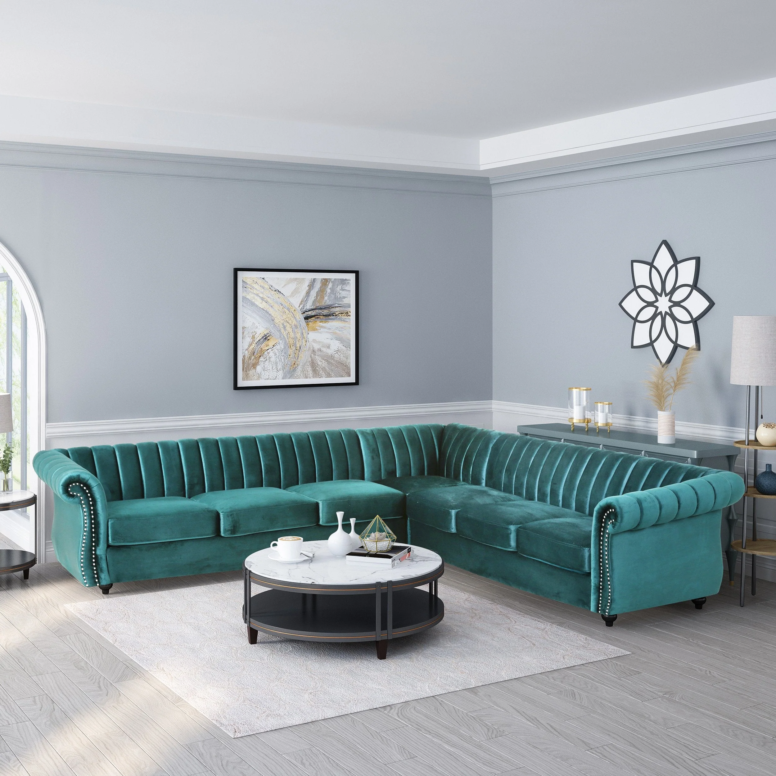 Modern Glam Velvet Channel Stitch Sectional Sofa Set - NH834413