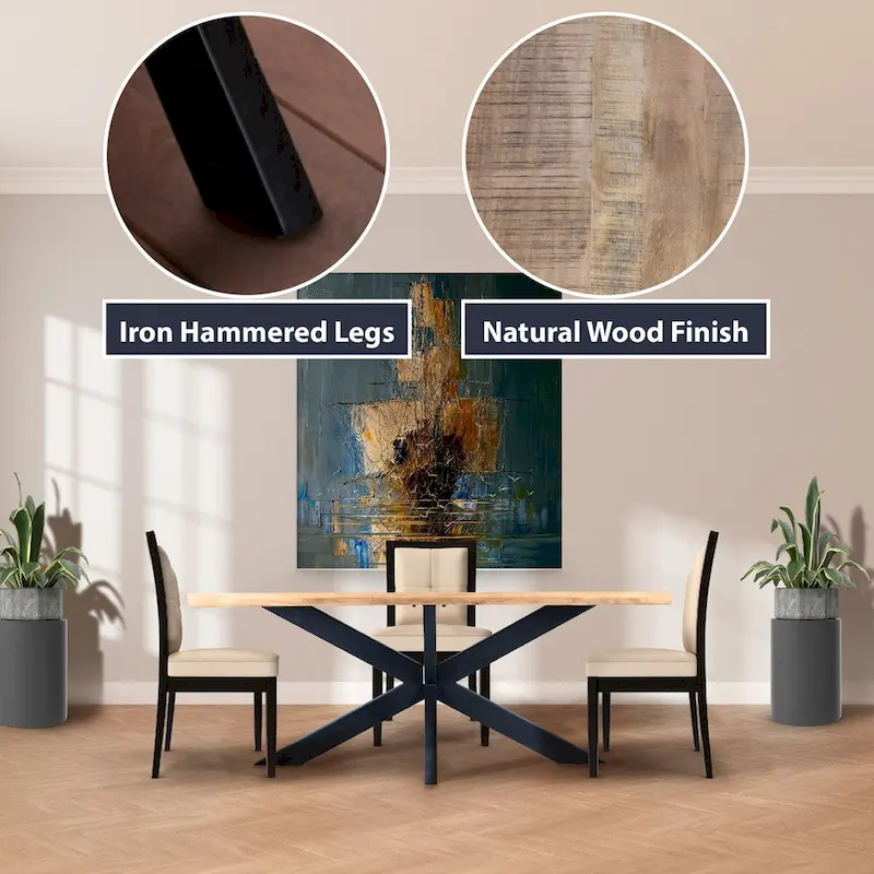 RRI Goods Sophisticated Dining Rectangle Table with Mango Wood Top and Metal Spider Leg Design, 63-Inch