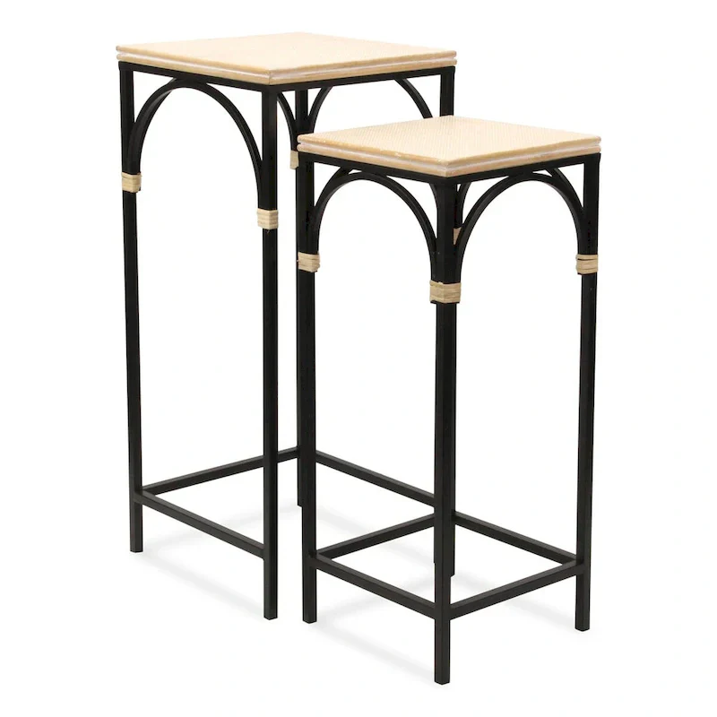 Set of 2 Rattan Accented Wood & Metal Square Side Tables