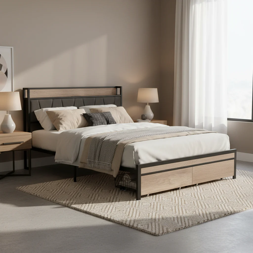 Black & Grey Full Size Metal Platform Bed with Upholstered Headboard, Sleeps 1-2