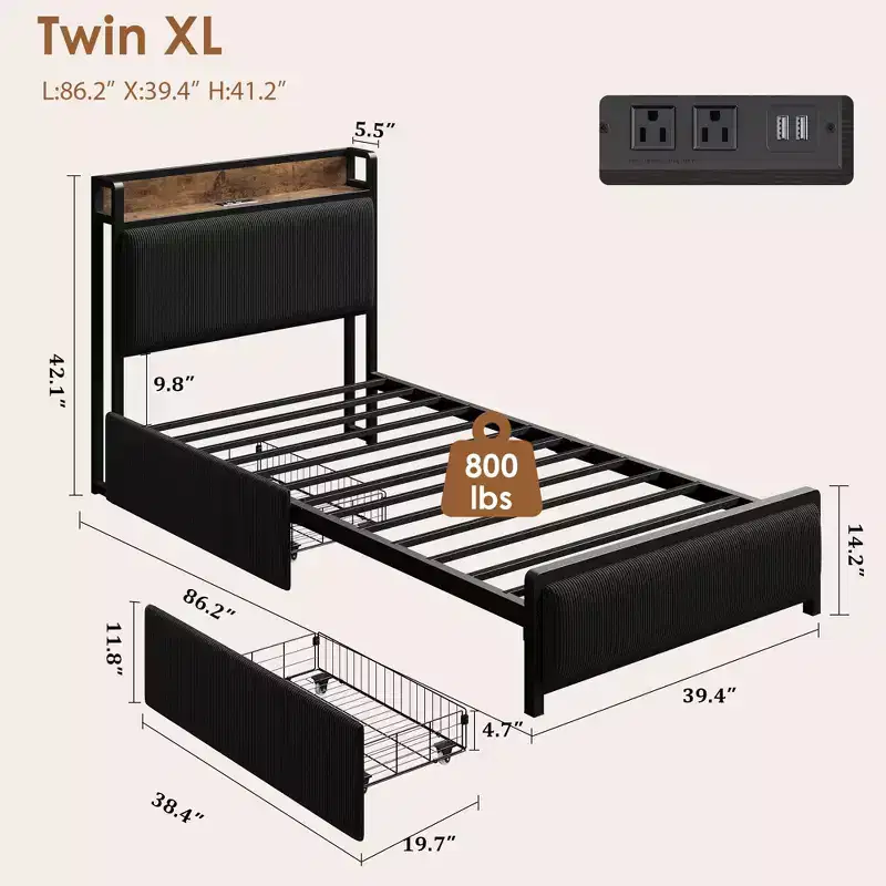 Acekool Twin XL Platform Bed Frame with Storage Headboard, Drawers and USB Ports, Upholstered Corduroy Bed, No Box Spring Needed