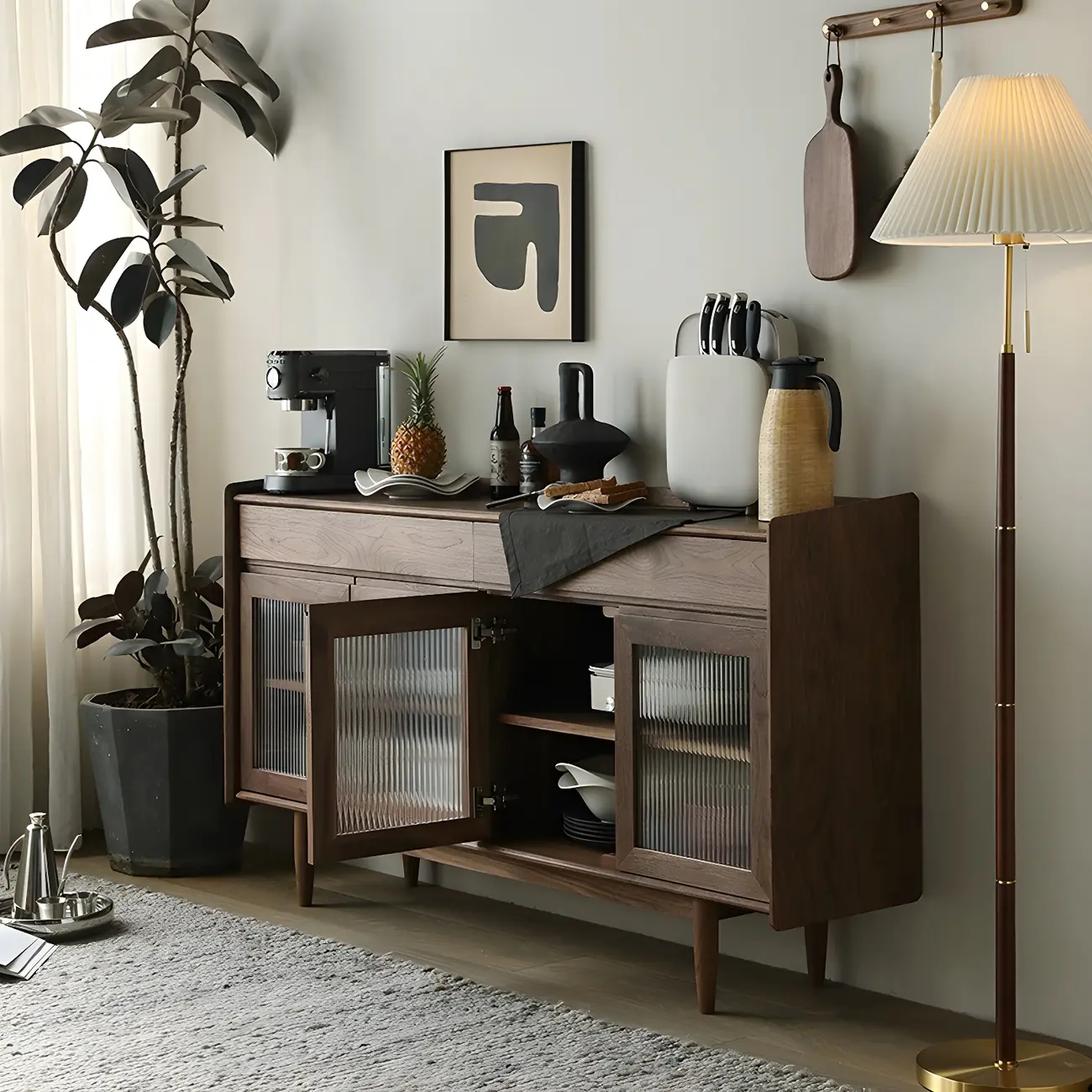 Modern Dark Brown Pine Wood Sideboard with Drawers