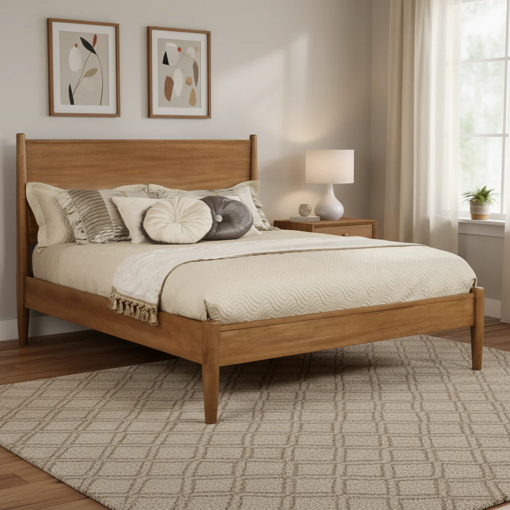 California King Platform Bed, Smooth Panel Headboard, Tapered Legs, Mid-Century Style, Wood, Grey, 2-Person Use