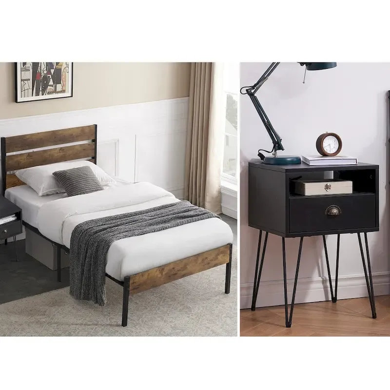 Taomika 3-Pieces Industrial Bed and Modern Square Nightstands Set