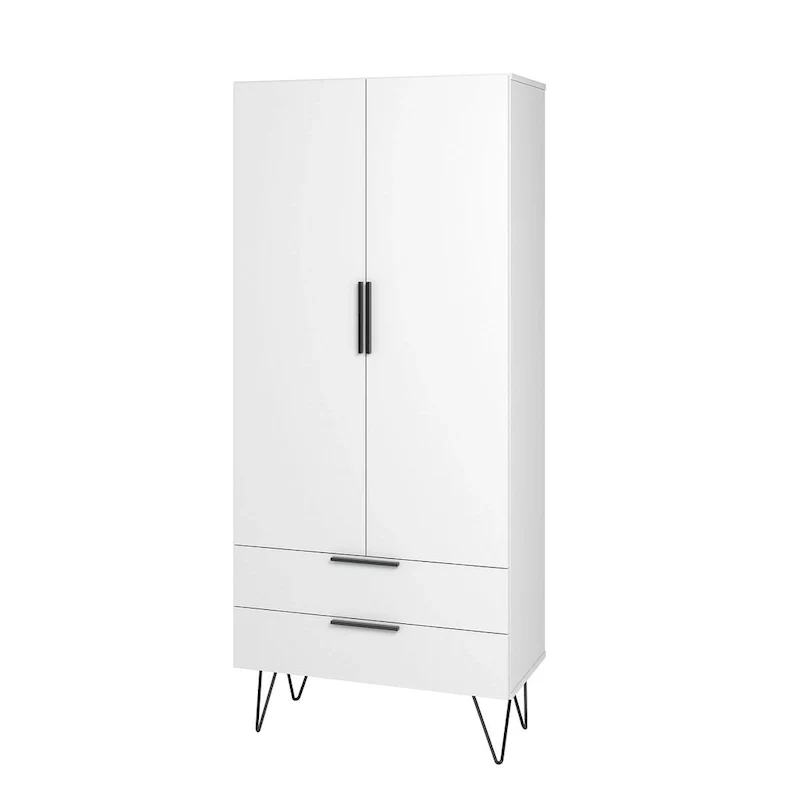 White/Pink/Black Mid-Century Tall Cabinet with 6 Shelves & 2 Drawers