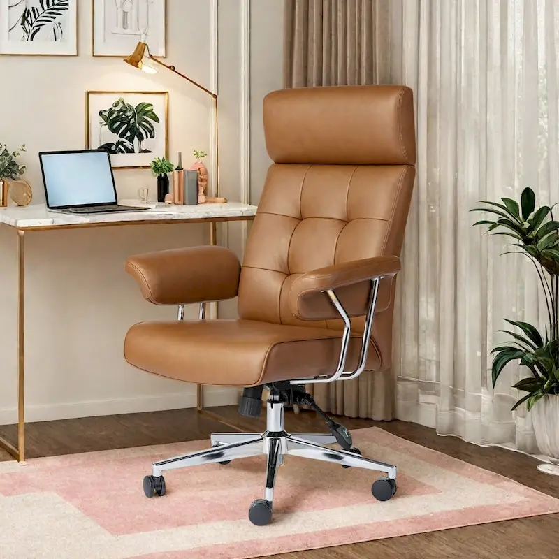 Camel Tufted High-Back Swivel Office Chair for 1 Person