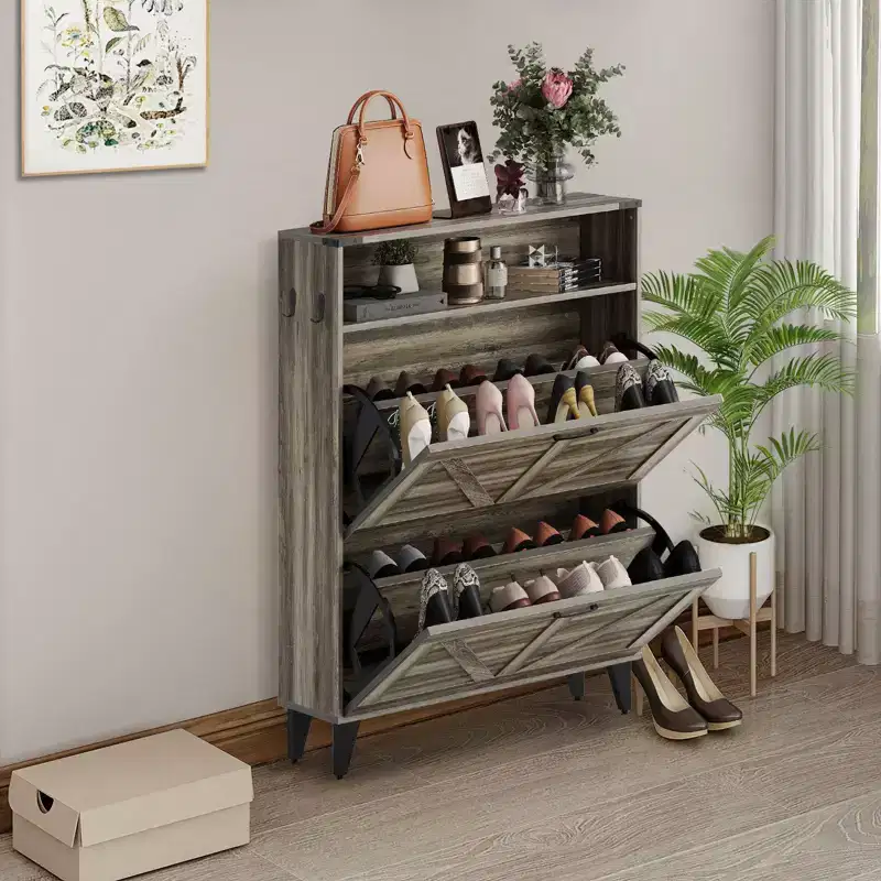 Acekool Shoe Cabinet with 2 Flip Drawers and Open Storage, Entryway Shoe Organizer with Hooks and Metal Legs