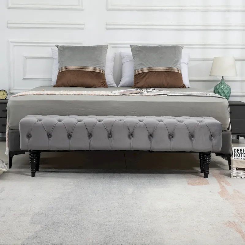 Beige / Blue / Grey / Light Grey Upholstered Tufted Ottoman Bench – Modern Style, Seats 1–2