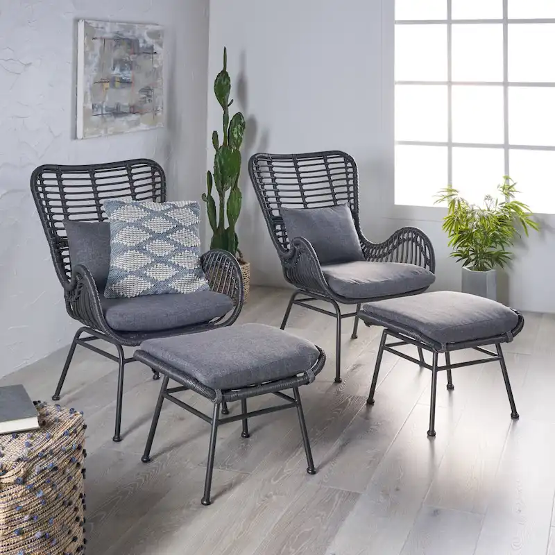 Outdoor Wicker Chat Set with Ottomans – Modern Boho Style, Gray/Light Brown, All-Weather
