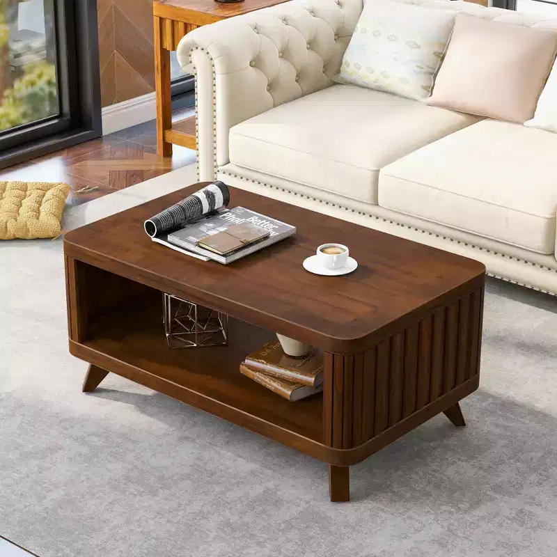 TUYOHW Vintage 2-Tier Coffee Table,Fluted Center Table with Curved Corner,Wooden Accent Table for Living Room,Storage Table,176lbs Capacity