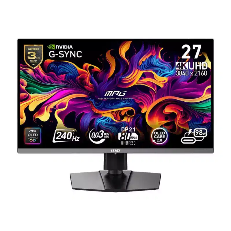 MSI MPG 272URX QD-OLED 27-inch 3840 x 2160 (UHD) Computer Monitor, 240Hz, Adaptive-Synch, HDMI, DP Port, VESA Mountable, Tilt, Speaker, 0.03ms, Black