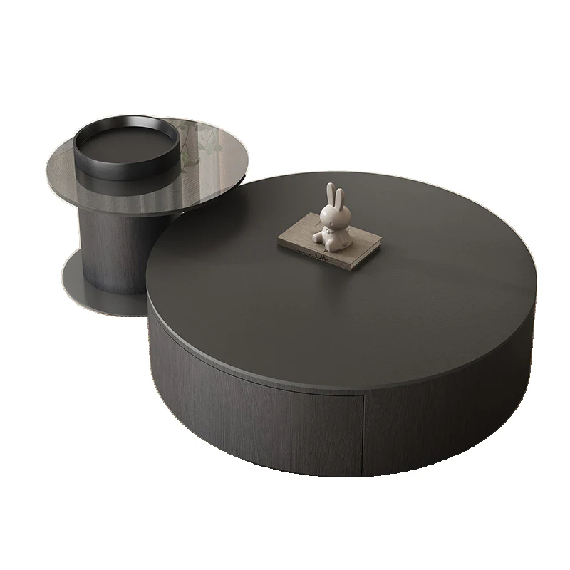Black Modern Sleek Nesting Round Wood Drawer Coffee Table
